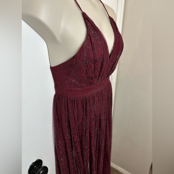 Burgundy Maxi Dress V-neck spaghetti straps pleated design with lace M #1525 - Picture 7 of 12